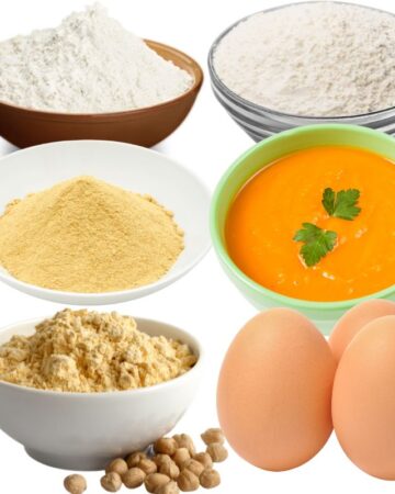 Substitutes of tapioca flour like white powders in small bowls, eggs, and veggie puree