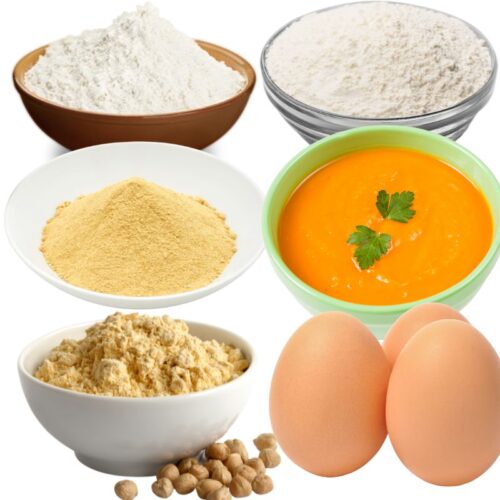 Substitutes of tapioca flour like white powders in small bowls, eggs, and veggie puree