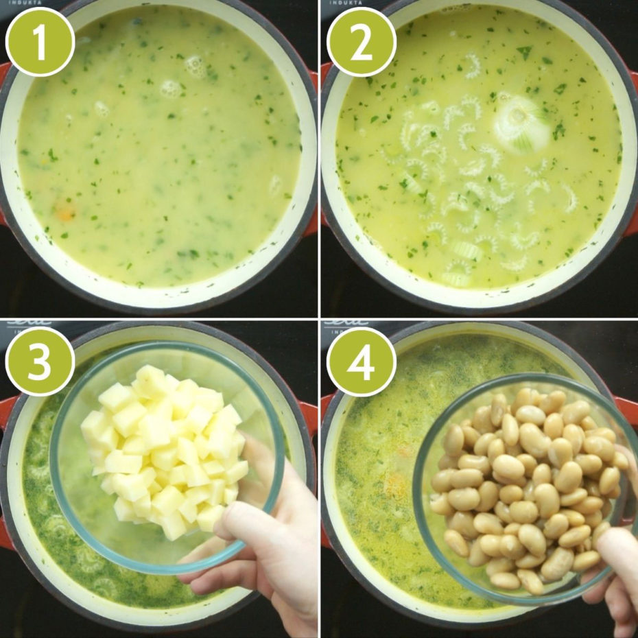 4 photo collage on how to make vegan white bean soup showing a red dutch oven from above with yellow liquid and a hand is adding more ingredients like diced potatoes and white beans