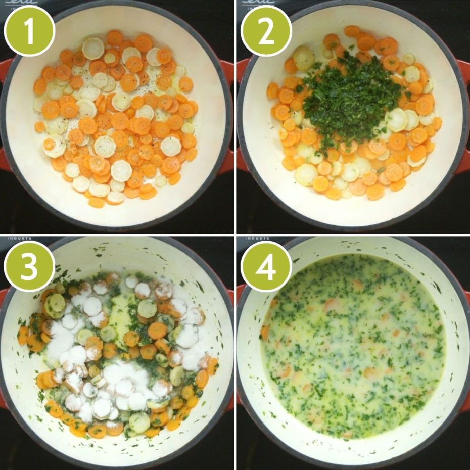 4 photo collage on how to make vegan white bean soup showing a red dutch oven from above with carrot and parnsip slices, freshly chopped herbs, flour and a yellow liquid on the last one.