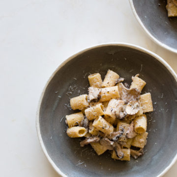 Grey bowl with rigatoni pasta rings with mushroom shreds i light brown sauce.
