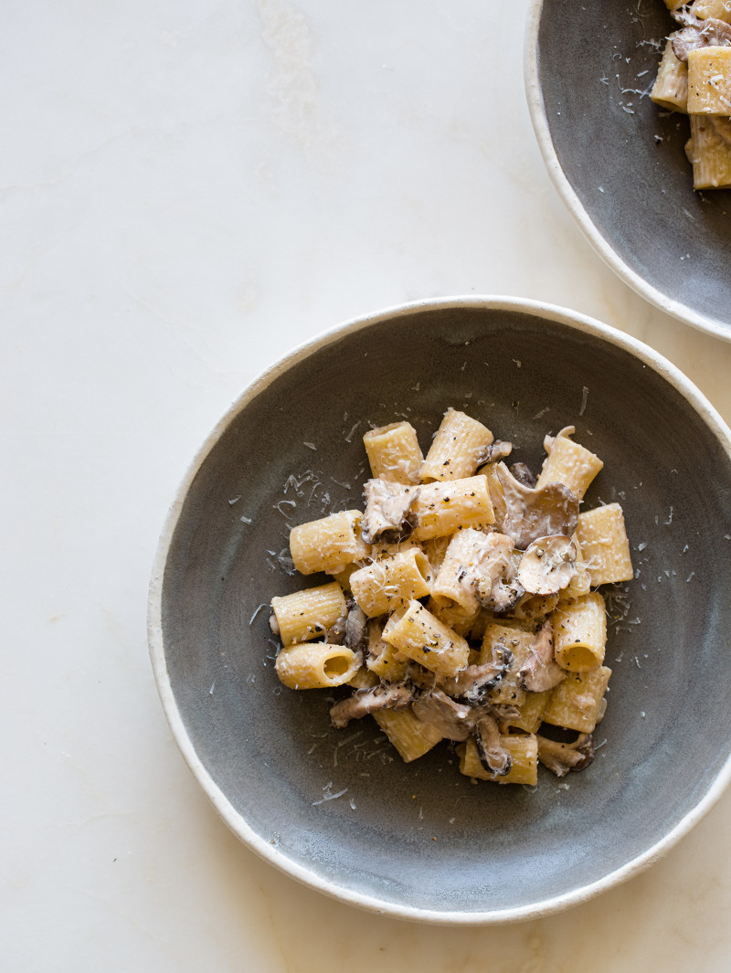 Grey bowl with rigatoni pasta rings with mushroom shreds i light brown sauce.