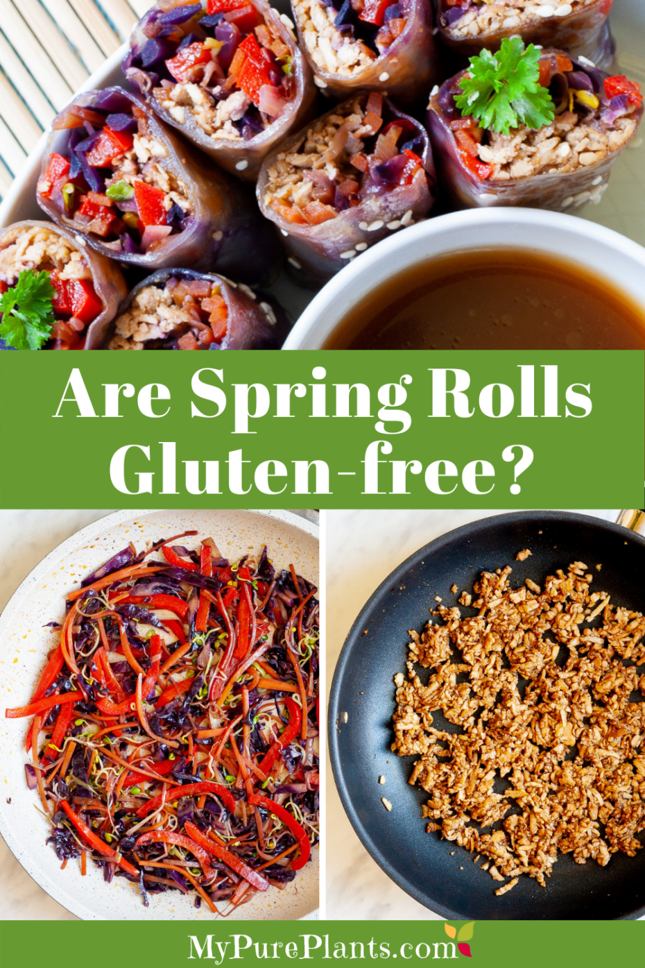 3 photo collage with lots of spring rolls and a title in the middle saying are spring rolls gluten-free