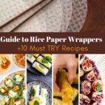 5 photo collage with colorful rice paper rolls with a text overlay in the middle saying guide to rice paper wrappers 10 must-try recipes