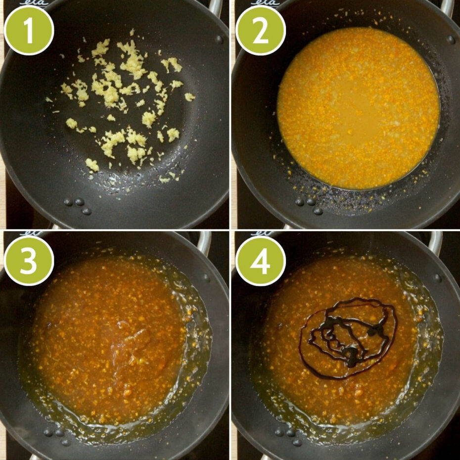 4 photo collage showing a wok for above with 1) minced garlic, 2) yellow thin sauce, 3) dark orange thickened sauce, 4) black swirl within the sauce