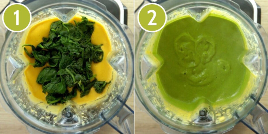 2 photo collage of a blender from above showing first a yellow sauce with wilted spinach, the second shows a green sauce