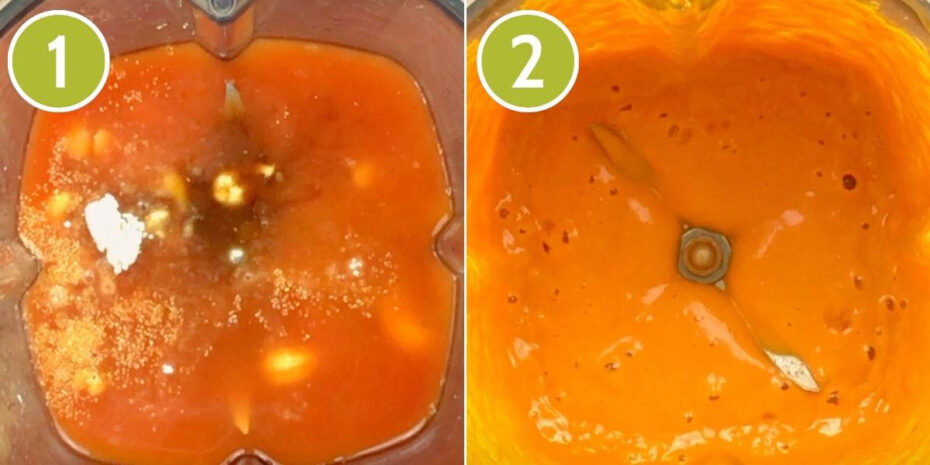 2 photo collage of a blender from above where the first is showing a chunky red sauce, while the second shows a smooth dark orange sauce