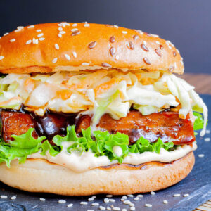 A burger bun up close with white sauce, green ruffled lettuce, dark glazed tofu slice, shredded cabbage and carrot in white sauce.