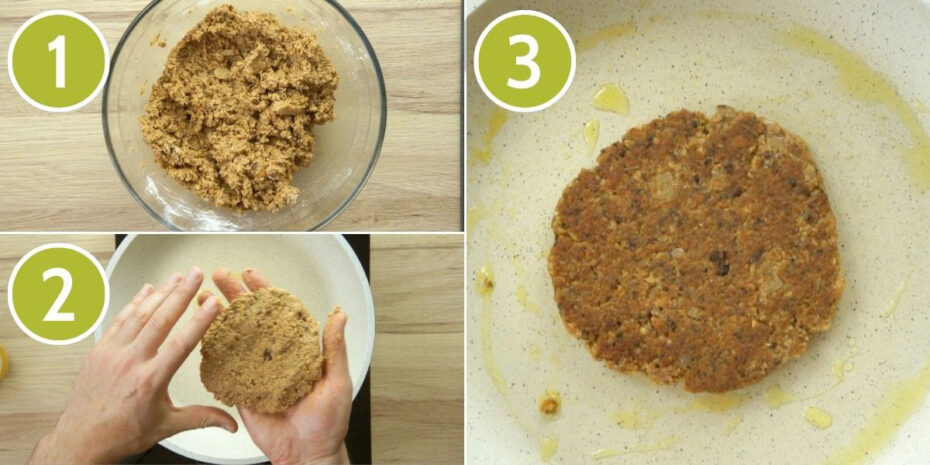3 photo collage showing a glass bowl with a brown dough, then a hand forming a burger patty, finally a frying pan from above showing a golden brown burger patty