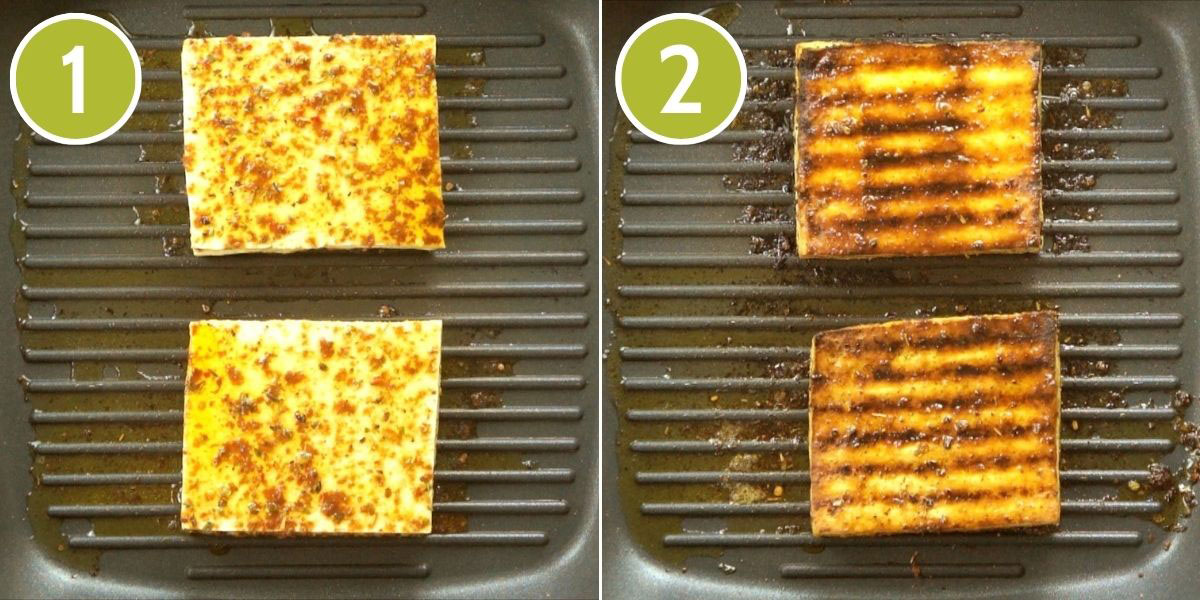 2 photo collage showing a grill pan with two yellow-brown tofu slices first uncooked, then cooked.