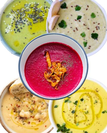 5 different cream soups in the colours of green, pink, yellow, orange and brown.