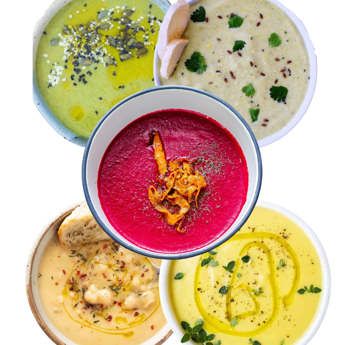 5 different cream soups in the colours of green, pink, yellow, orange and brown.