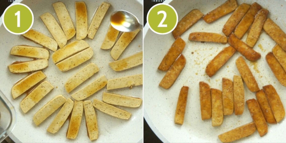 2 photo collage. The first one is showing a white frying pan with light brown tofu slices and a spoon with dark brown sauce. The second shows the final crispy dark brown tofu slices.