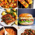 5 photo collage of different tofu dishes there is a curry, a skewer, a burger, a steak, a stew and a stir-fry dish