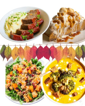 Four Thanksgiving dishes and different colours of leafs hanging from a rope in the middle of the picture.