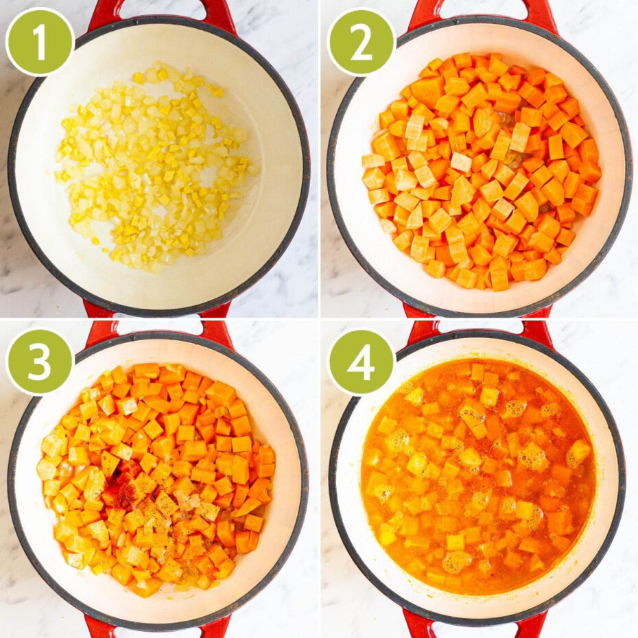 4 photo collage of a red-white Dutch oven from above with chopped veggies in them to show how to make ginger carrot sweet potato soup.