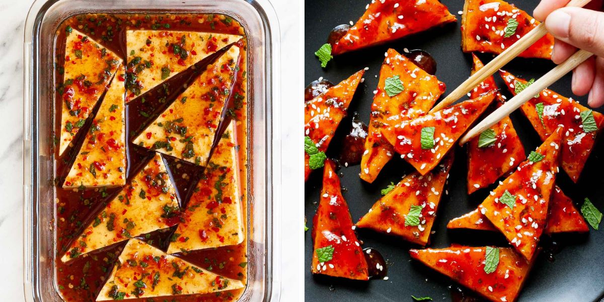 2 photo collage showing a glass bowl with tofu cut into triangles and swimming in a thin redish sauce with green chopped leaves and re pepper flakes, then those triangles are sticky, crispy and dark red after baking.
