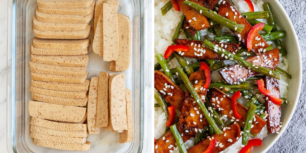 2 photo collage of a glass bowl with thin light brown tofu slices that absorbed the sauce 100%, then a white bowl shows those slices as sticky crispy brown served with green beans, red pepper and rice.