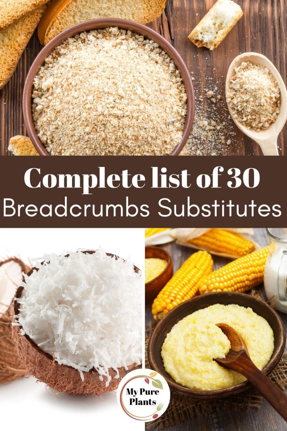 Different crumble-like food in small containers with a text overlay saying complete list of 30 breadcrumbs substitutes