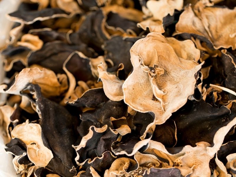 Dried wood ear mushrooms up close