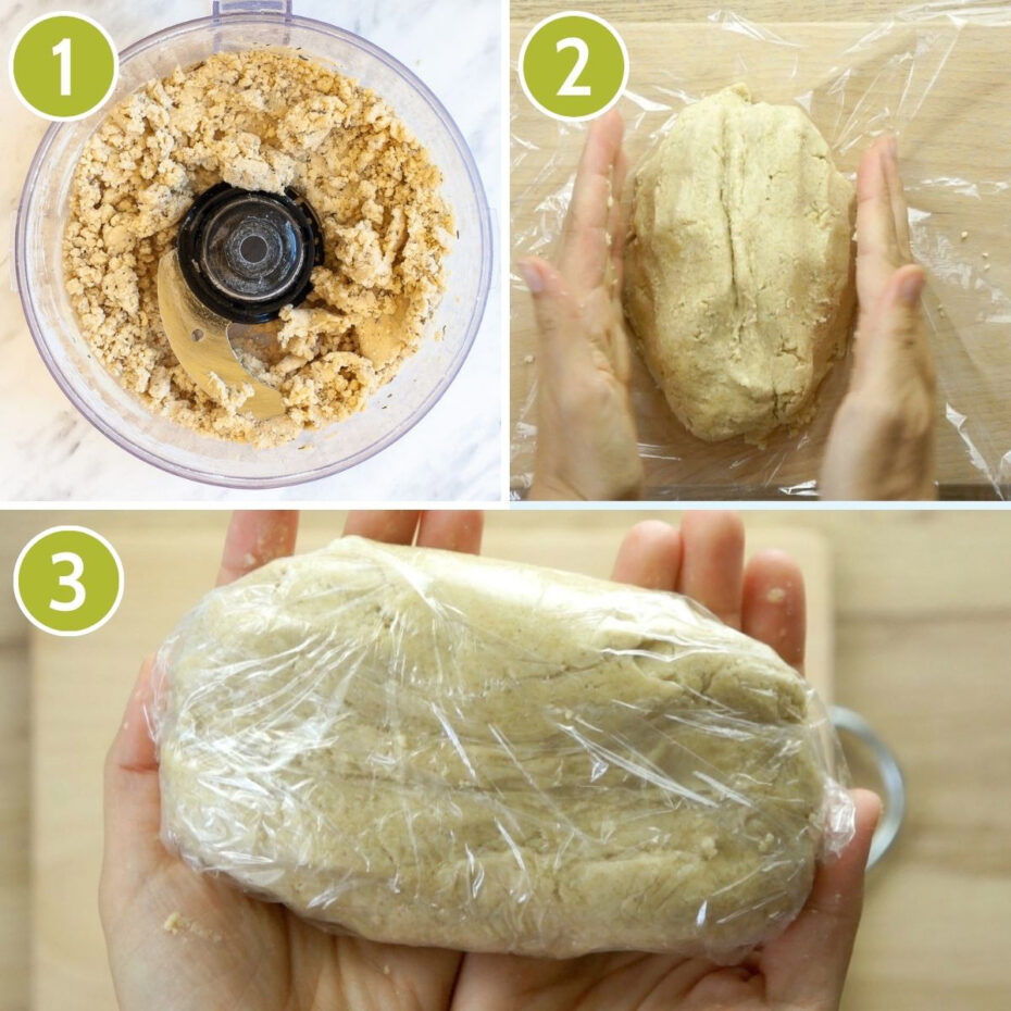 3 photo collage of how to make crumble dough. First is showing a food processor with the mixed ingredients, the second hands are forming a ball. The third shows the dough wrapped in saran wrap.