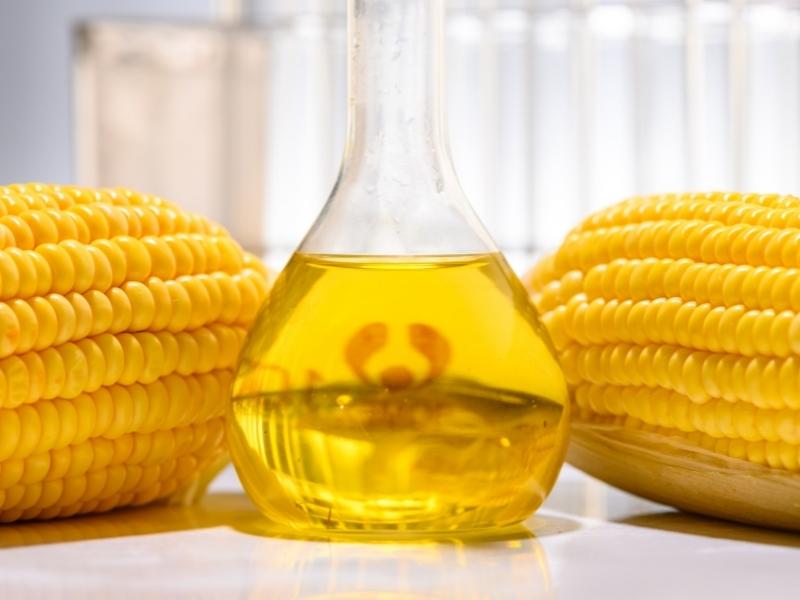 Light yellowish syrup in a glass with corn cobs on the side.