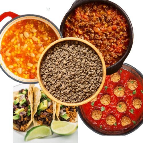 4 different dishes with meals prepared with tvp, there is chili, taco, meatballs