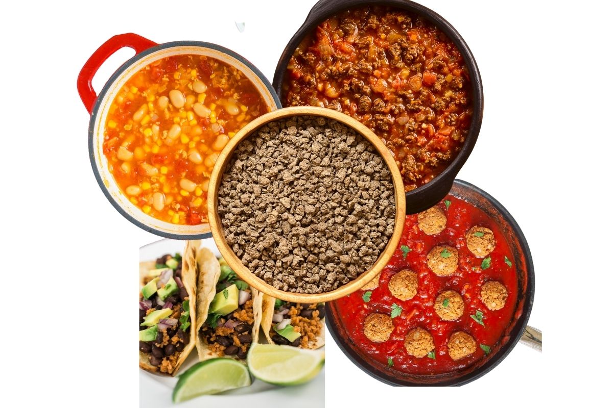 4 different dishes with meals prepared with tvp, there is chili, taco, meatballs