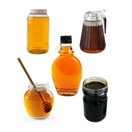 5 glass jars of different honey substitutes all of which are light to dark orange syrups