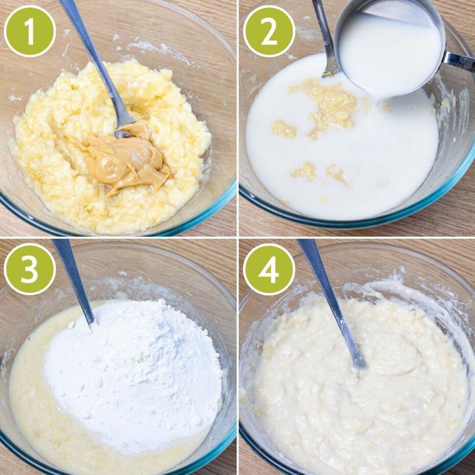 4 photo collage of a glass mixing bowl with yello mashed banana, peanut butter, white flour and milk mixed with a fork