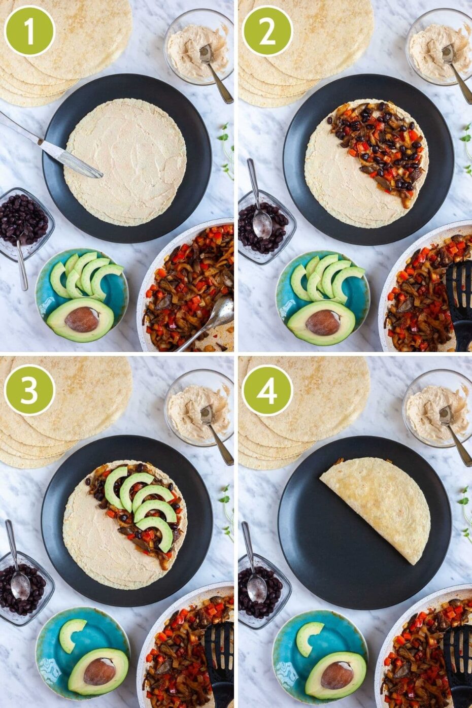 4 photo collage of a black plate showing the steps to assemble a quesadilla - first hummus layer, then chopped veggie layer, then avocado slices, finally folded in half