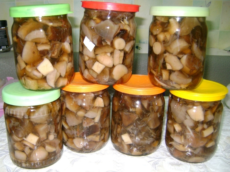 Glass jars with mushroom pieces