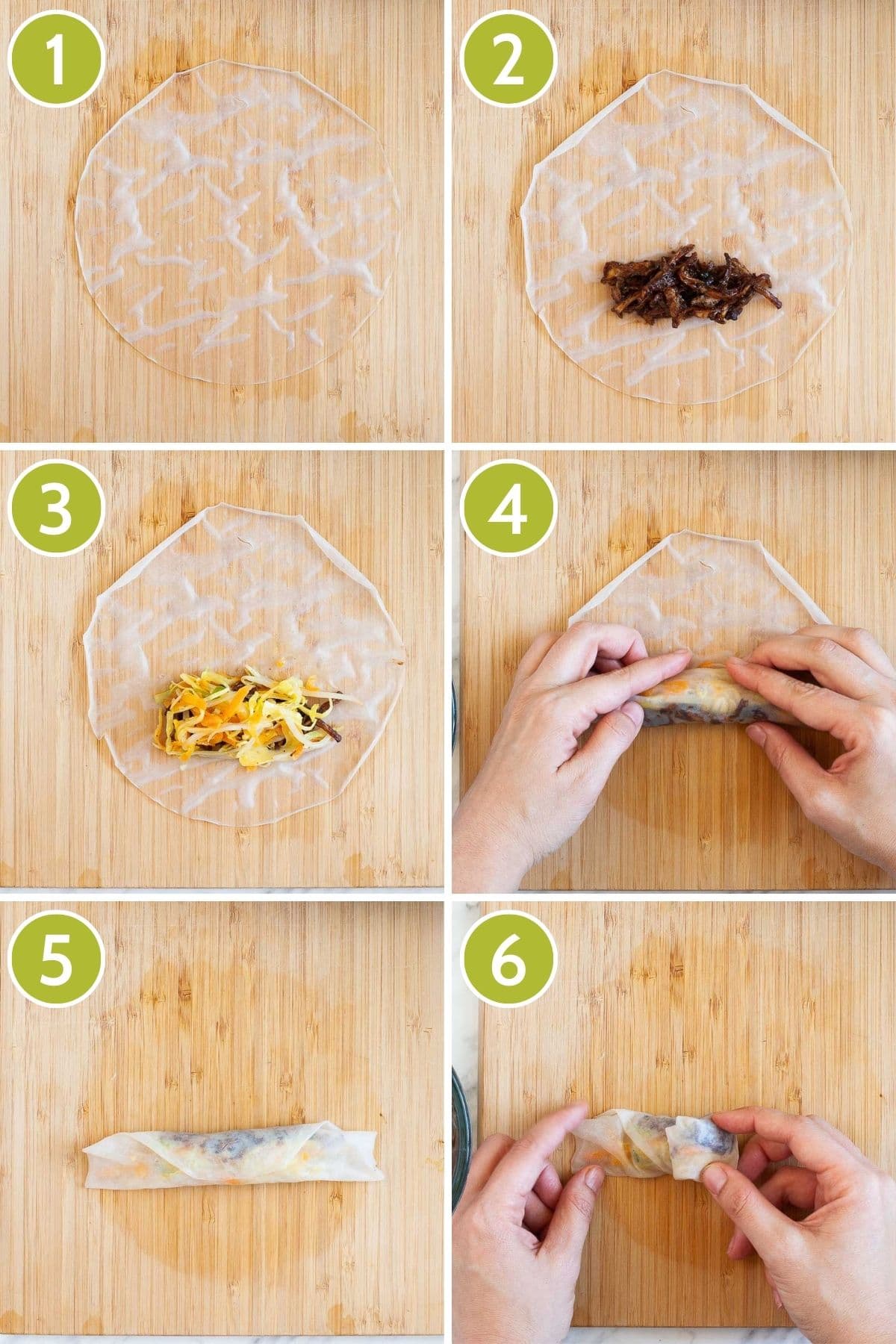 6 photo collage showing how to form rice paper dumplings