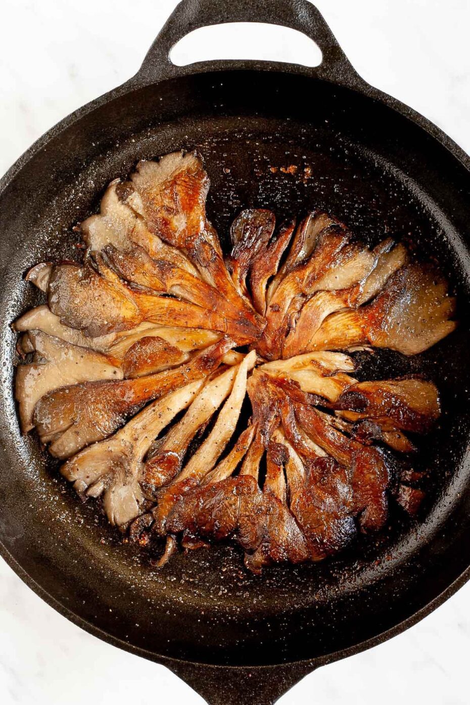 Black cast iron skillet from above with crispy dark brown juicy flattened oyster mushroom clusters
