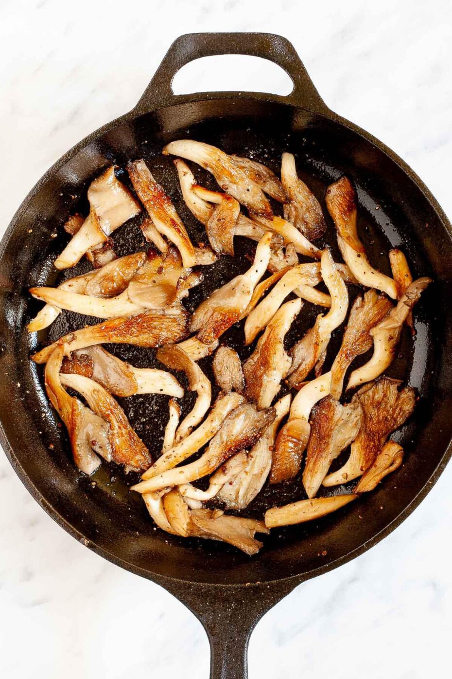 Black cast iron skillet from above with crispy brown oyster mushroom