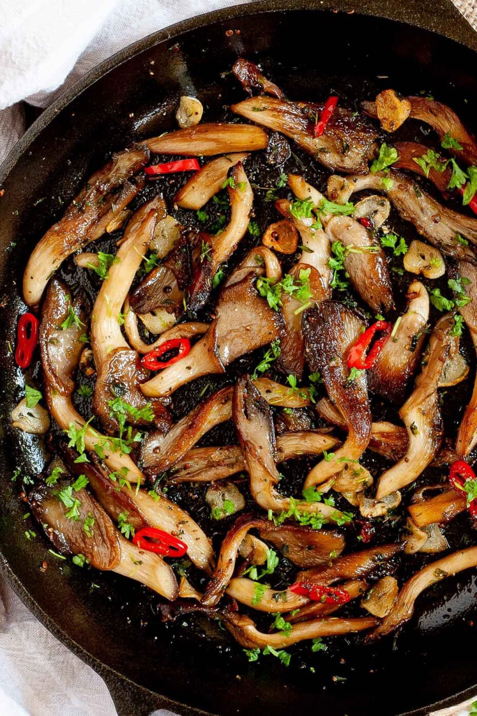 Black cast iron skillet from above with crispy brown oyster mushroom, sliced red pepper, garlic slices and chopped fresh green herbs.