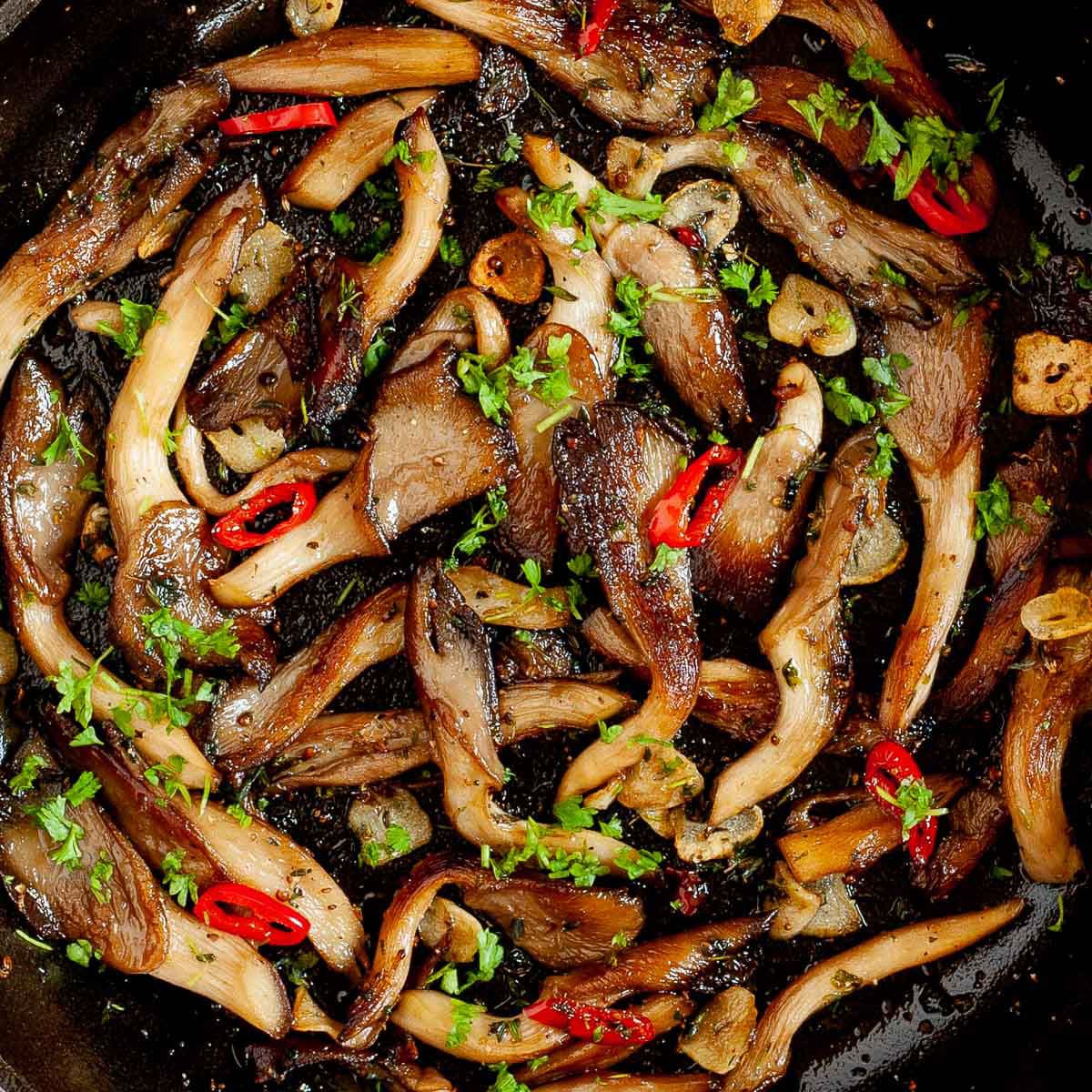 Black cast iron skillet from above with crispy brown oyster mushroom, sliced red pepper, garlic slices and chopped fresh green herbs.