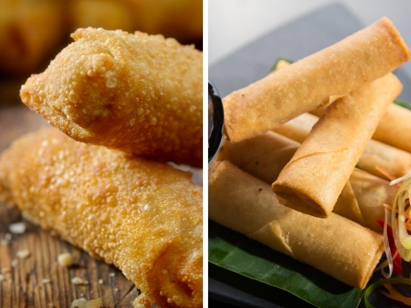 2 photo collage showing blistered fried rolls on the left and smooth crispy rolls on the right