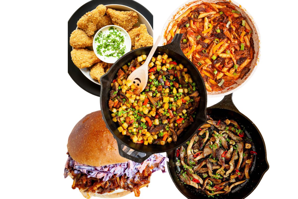 5 photo collage of different dishes with oyster mushrooms, a burger, a breakfast hash, a pasta, a deed-fried, pan-fried versions
