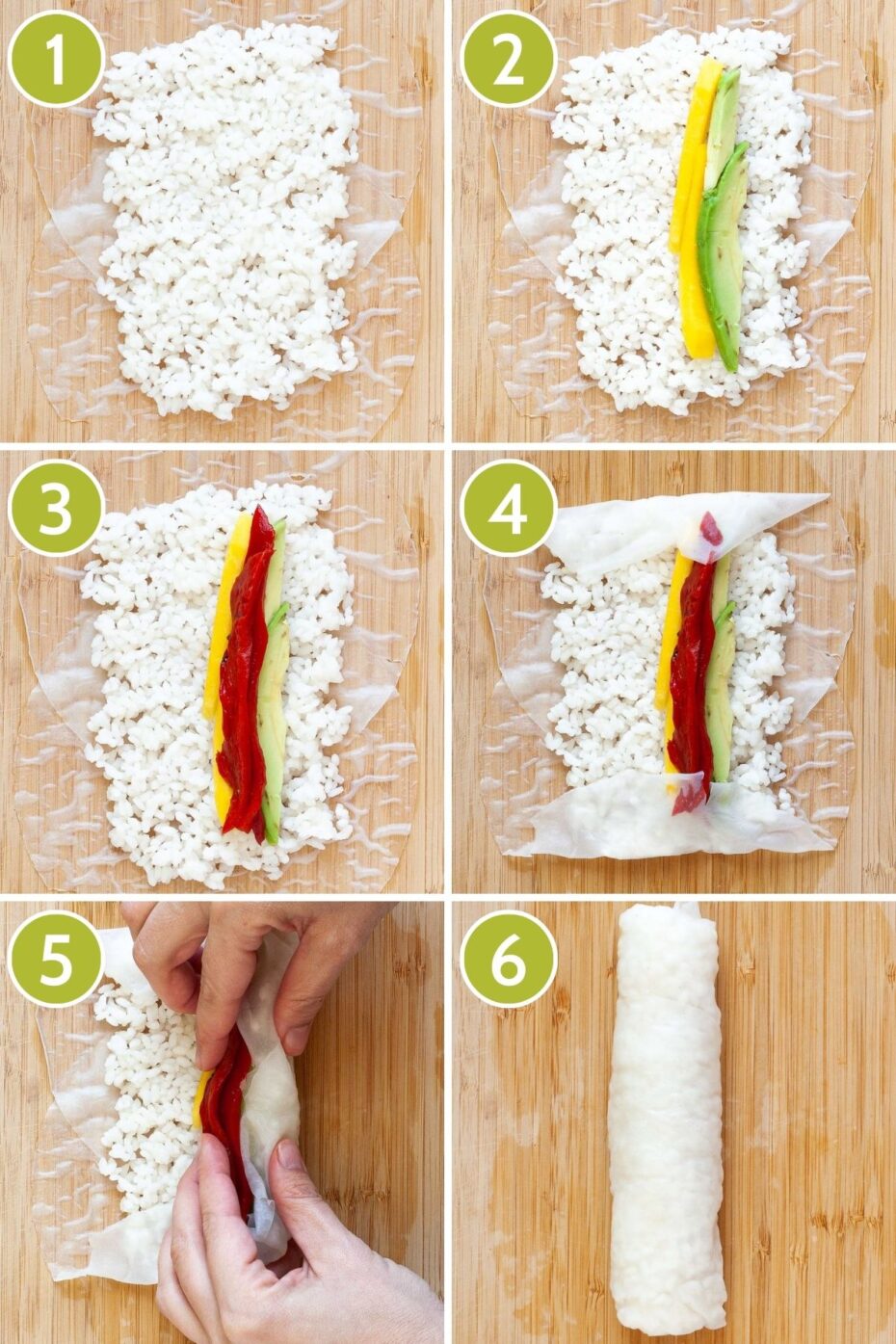 6 photo collage showing how to roll sushi in rice paper sheets and how to add the filling