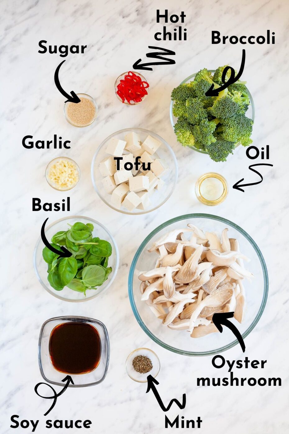 Ingredients are measured in small glass bowl like mushroom shreds, tofu cubes, broccoli florets, fresh basil leaves, soy sauce, red chili slices, garlic, dried mint, sugar and oil