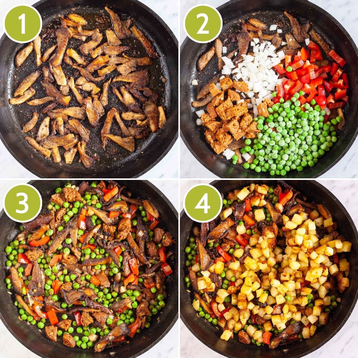 4 photo collage of a cast iron skillet from above showing the different ingredients, brown oyster mushroom, green peas, chopped white onion, chopped red bell pepper, chopped yellow potatoes