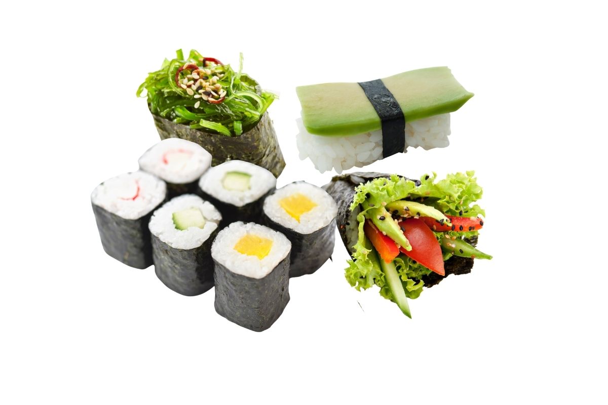 Vegetarian Sushi And Roll Set With Vegetables. Japanese Food Stock