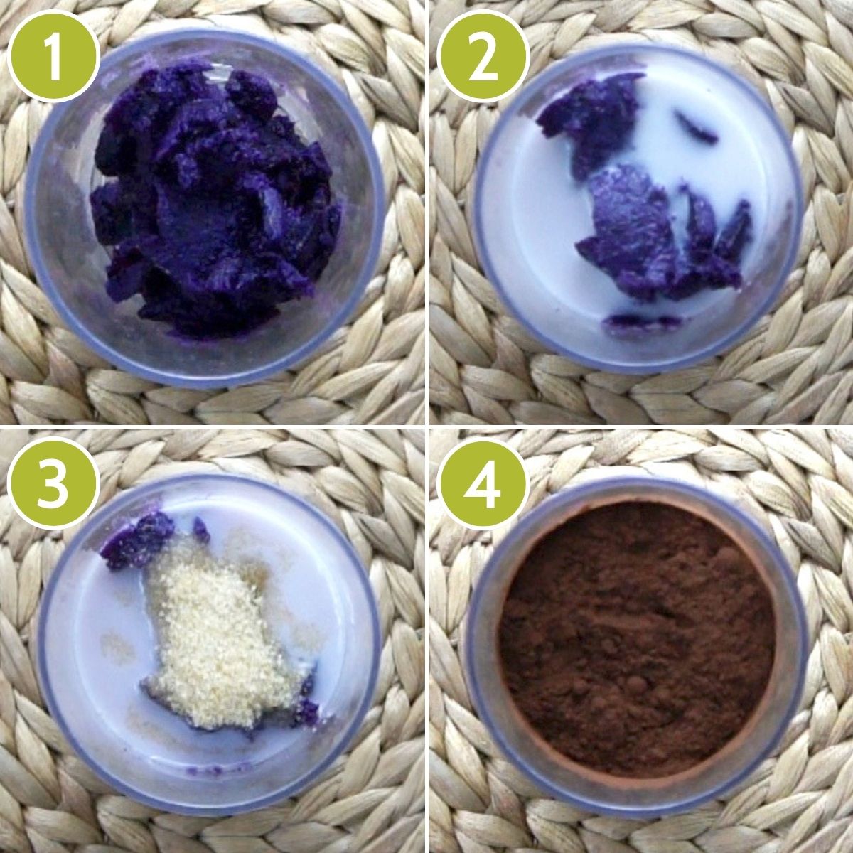 4 photo collage of a small tall bowl that contains purple puree, milk, sugar and cocoa powder