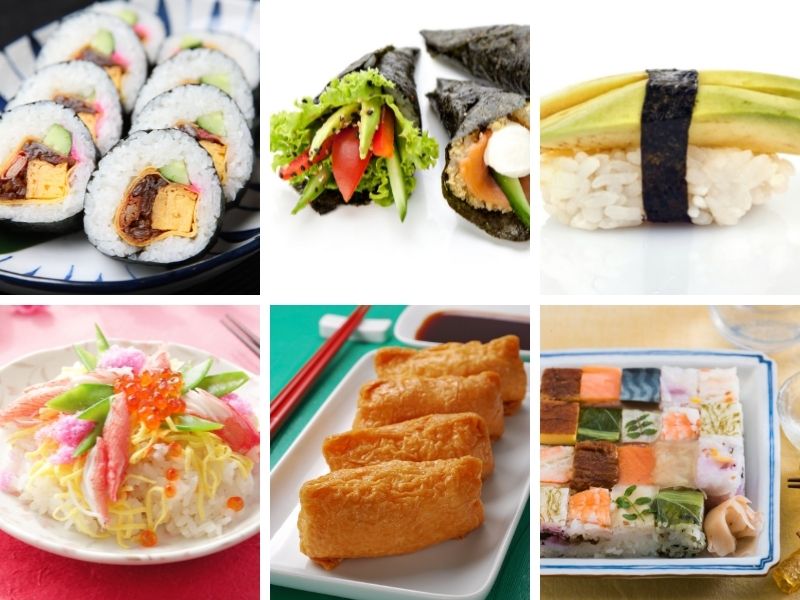 6 photo collage of different types of sushi, maki, nigiri and so an