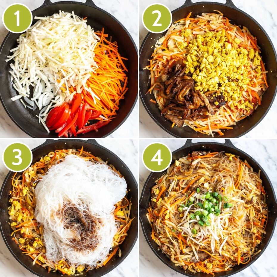 4 photo collage of a skillet with the different stir fry ingredients like shredded cabbage, carrots, slices tomatoes, mushroom shreds, tofu scramble, glass noodles, sliced green onion and bean sprouts