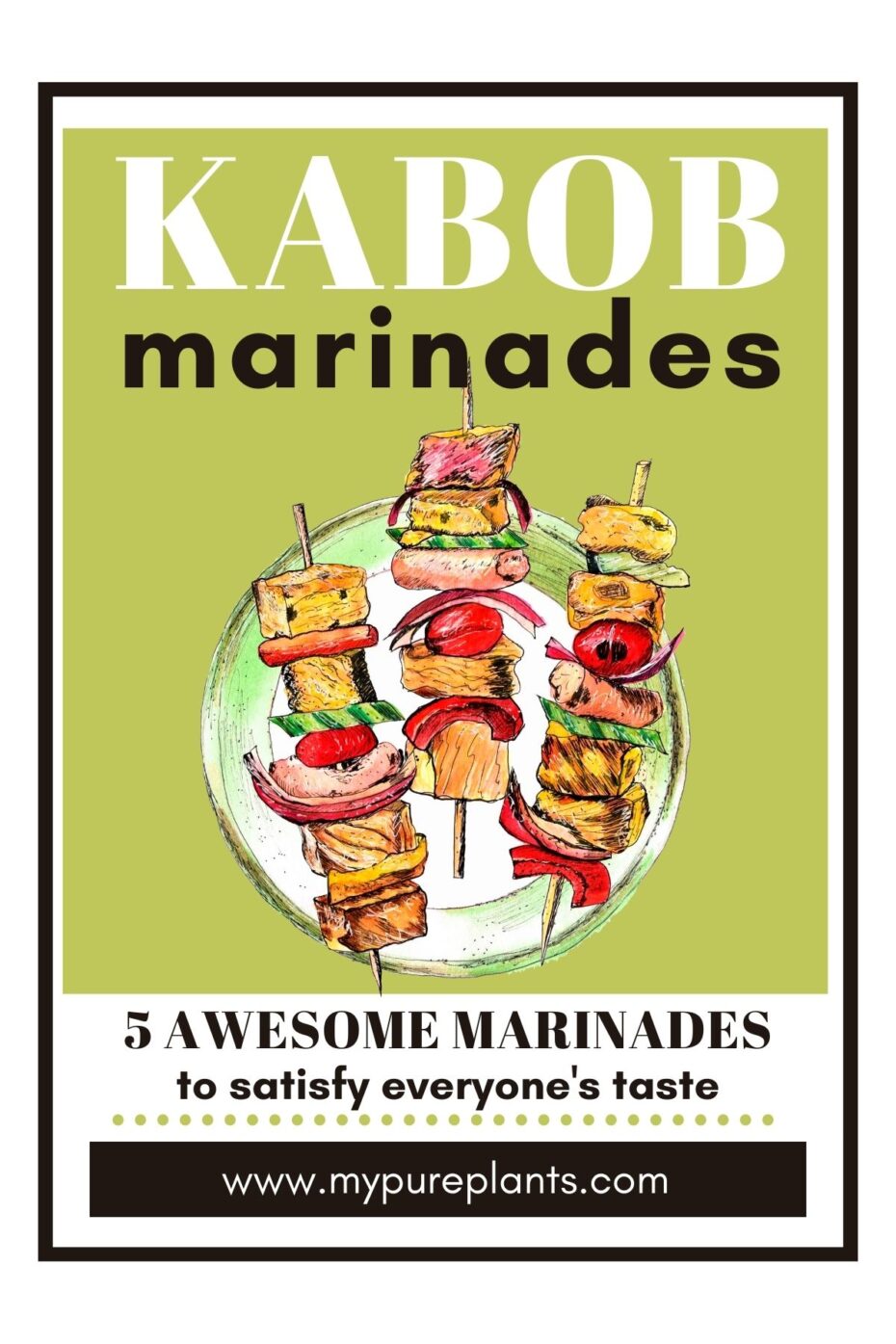 Cover of our kabob marinades ebook showing 3 kabobs and overlay text
