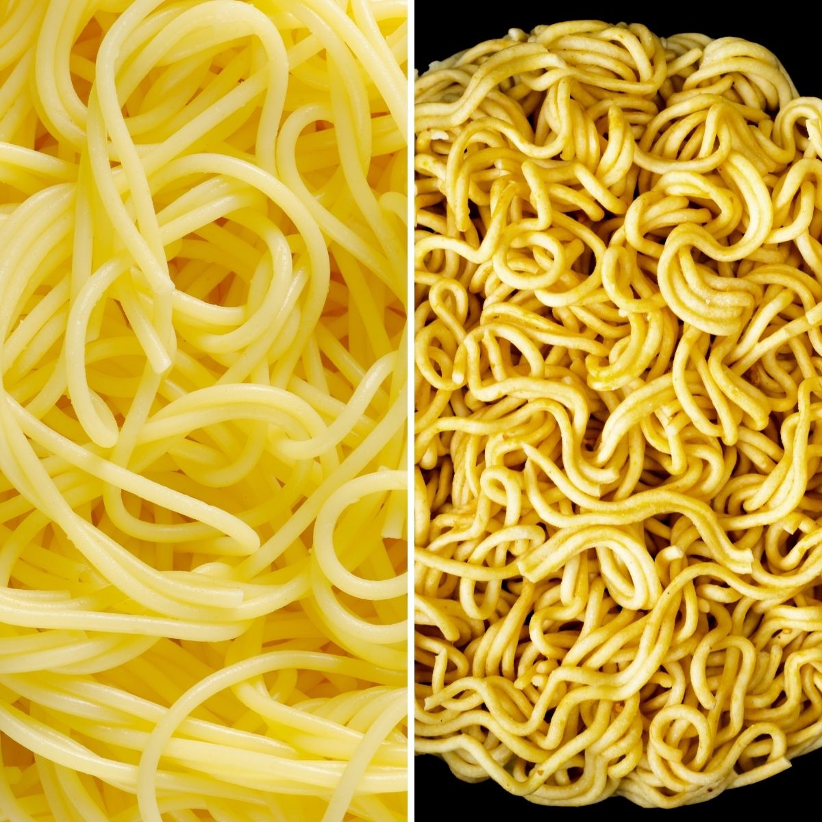 2 photo collage with yellow noodles. Spaghetti is on the left while egg noodles are on the right