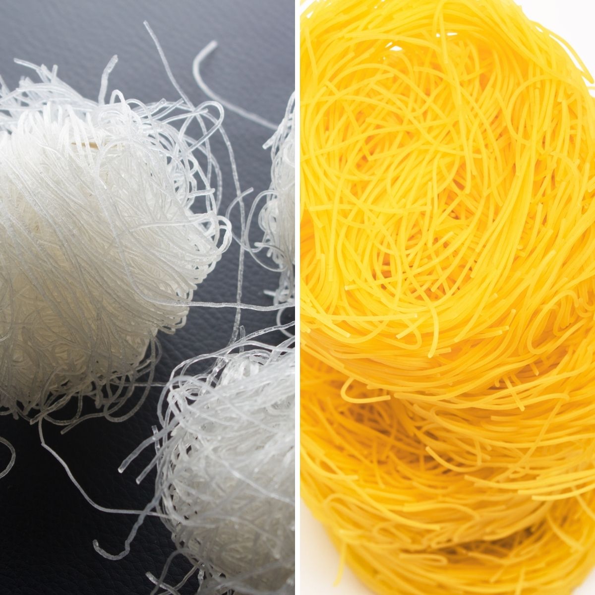 2 photo collage with thin white vermicelli and yellow thin angel hair pasta