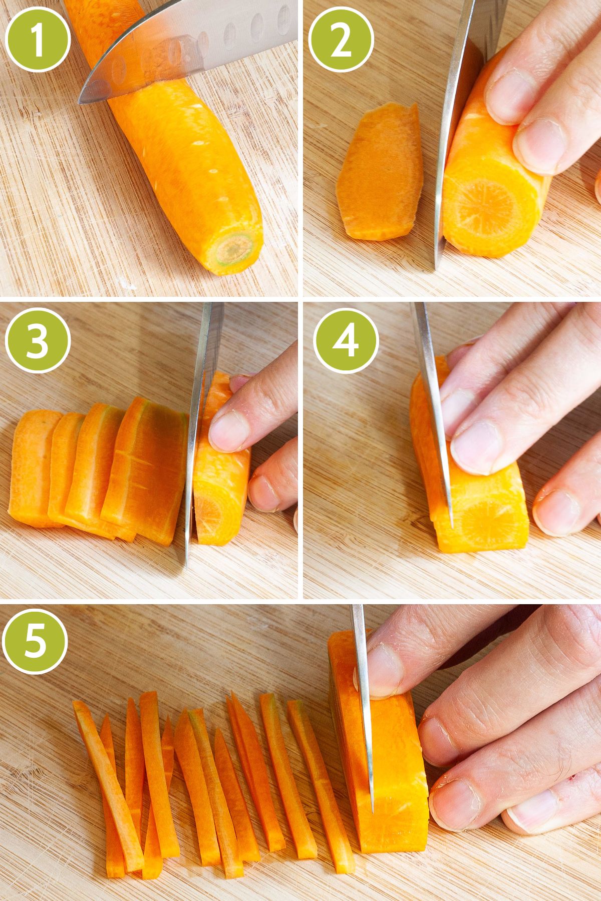 6 photo collage showing a carrot and a hand holding a knife and cutting the carrot into matchsticks